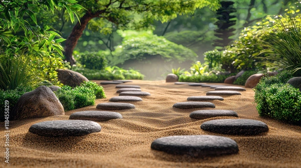 Fototapeta serene Zen garden featuring smooth stones, lush greenery, and soft sand