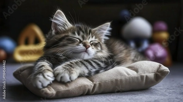 Fototapeta Tabby cat sleeps cute pillow concept. A cute kitten peacefully sleeping on a soft pillow, surrounded by colorful toys, exuding a cozy and calm atmosphere.