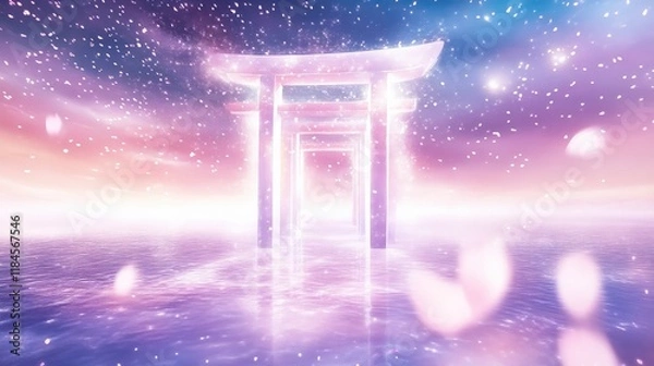 Fototapeta Ethereal Torii Gate at Sunset, Serene Waters, Falling Petals