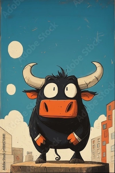 Obraz Cartoon Bull Standing in an Urban Setting