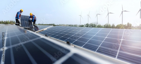 Fototapeta Male workers repair Floating solar panels on water lake. Engineers construct on site Floating solar panels at sun light. clean energy for future living. with wind turbine farm for renewable energy.
