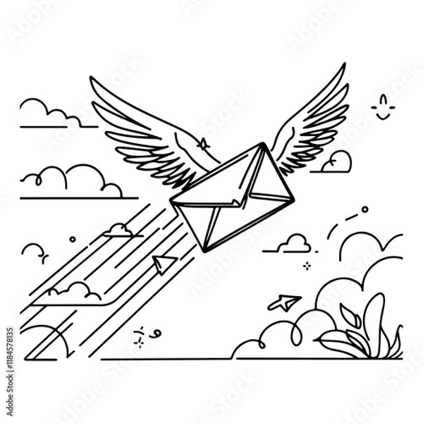 Fototapeta Continuous one-line drawing of flying mail envelope with wings The incoming message has been read