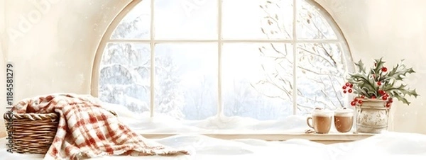 Fototapeta A beautiful arched window with snow outside, a winter theme