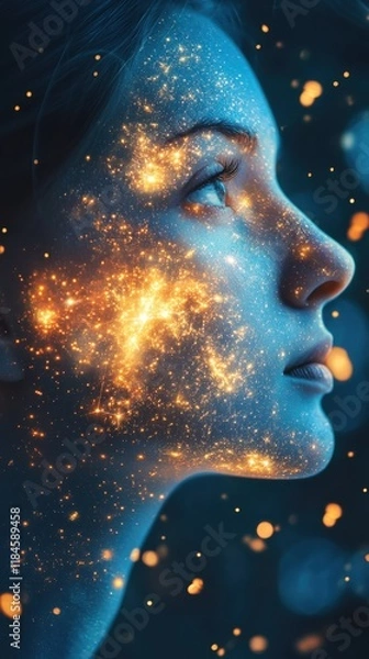 Obraz Radiant woman's face intertwined with glowing constellations in a starlit backdrop, showcasing serene beauty and cosmic wonder