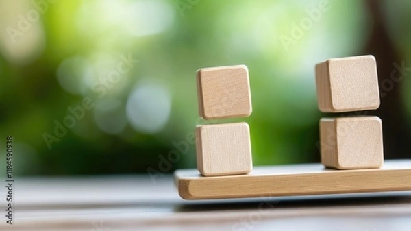 Fototapeta Wooden blocks on balanced scale with green blurred background