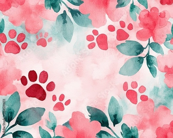 Fototapeta A vibrant watercolor pattern featuring floral designs and playful paw prints, blending shades of pink and green in a whimsical composition.