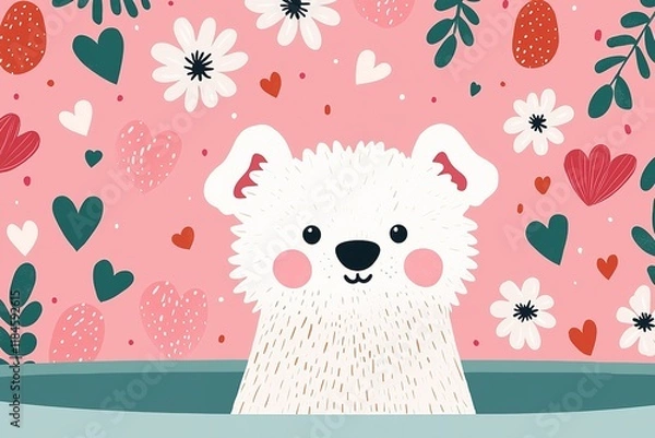 Fototapeta A cute, cartoon-style polar bear with rosy cheeks, surrounded by colorful hearts and flowers against a pink background.