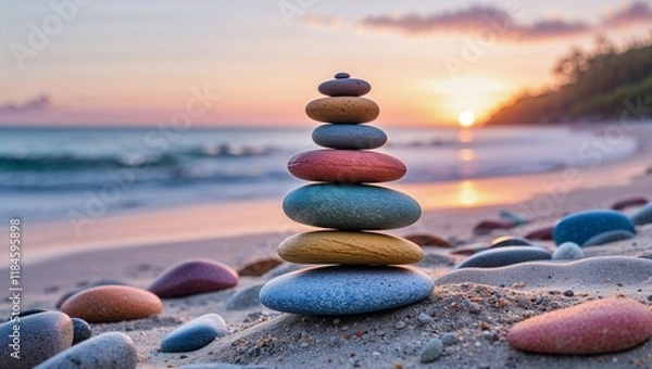 Fototapeta Zen stones balanced in a harmonious stack on the sandy beach against the calm summer sea