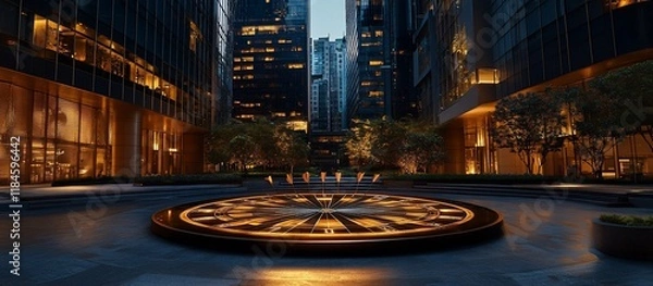 Obraz Illuminated clock fountain in a modern city plaza at night.