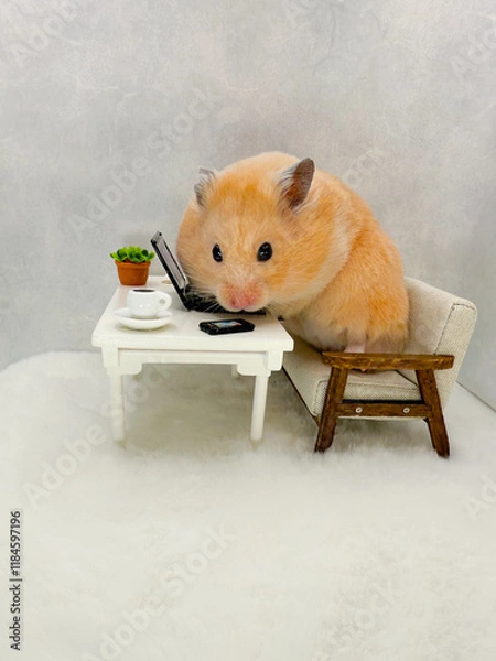 Fototapeta Cute Syrian hamster working on a computer at a desk in a grey and white office with a cup of coffee and cellphone
