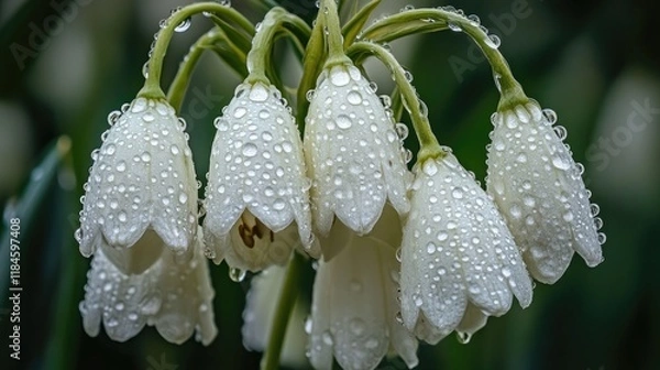 Fototapeta Close-up of delicate white flowers covered with water droplets, captured in the tranquil atmosphere of a flower garden.