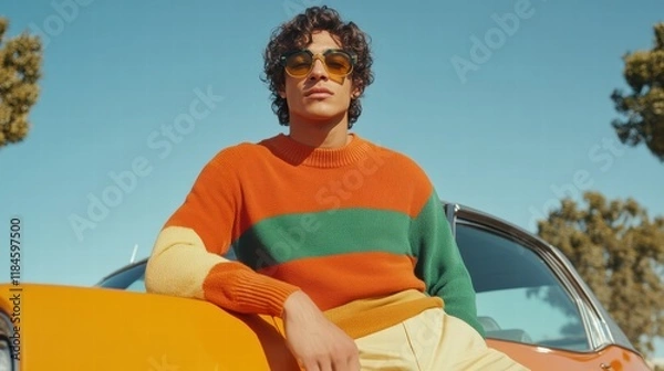 Obraz Stylish man in bold color-blocked sweater sitting next to a classic car on a sunny day, showcasing modern fashion and vibrant hues.