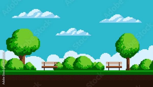 Fototapeta Pixel art game background with trees, ground, grass, sky and clouds. vector eps 10