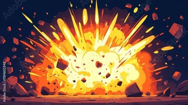 Obraz Fiery Cartoon Explosion Illustration Intense Blast with Debris and Bright Flames