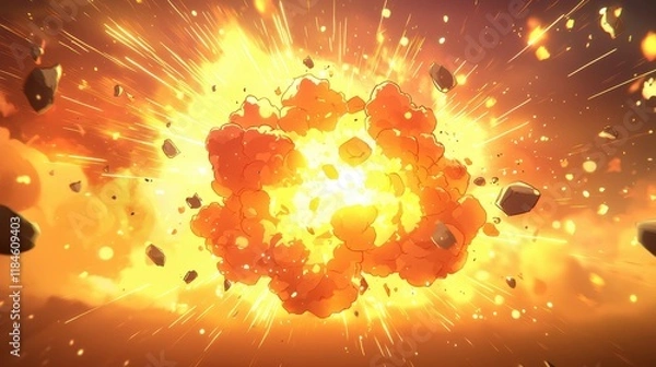 Obraz Fiery Explosion Animation Dynamic Cartoon Style Blast with Debris