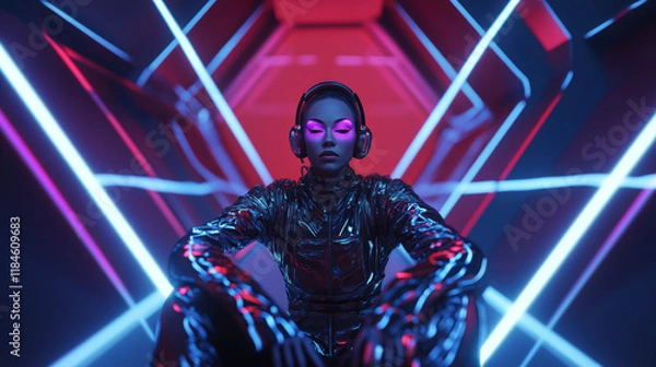 Fototapeta High-fashion portrait featuring a model with radiant bio-luminescent makeup in a futuristic setting.