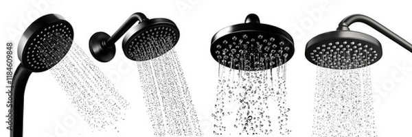 Fototapeta A set of realistic illustration of a black shower head with water droplets, modern bathroom fixture for hygiene and daily use, sleek and minimalistic design.
