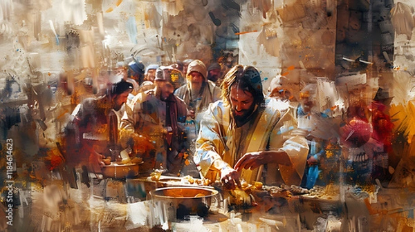 Fototapeta Jesus Christ feeding the hungry, a dynamic scene filled with vivid yet soft brushstrokes blending warm and cool tones 