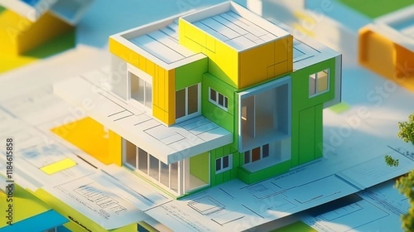 Fototapeta Modern house architectural model on blueprints. (1)