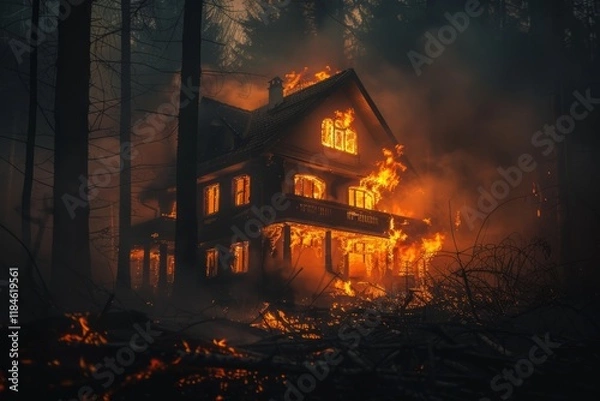 Fototapeta Wooden house on fire in a dense forest with flames and smoke rising. The building on fire.