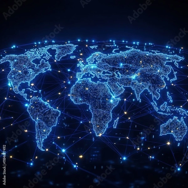 Fototapeta A digital representation of a global network, showcasing interconnected regions with glowing nodes.