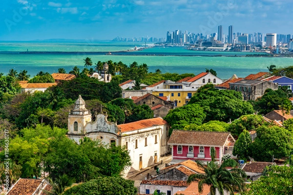 Fototapeta City of Recife and its buildings and sea seen from the city of Olinda with its historic houses and churches in the state of Pernambuco