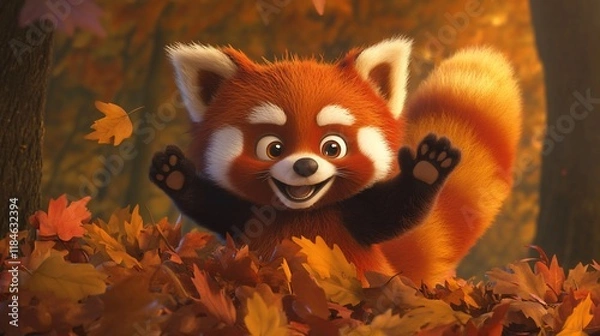 Fototapeta Joyful red panda cub playing in autumn leaves.