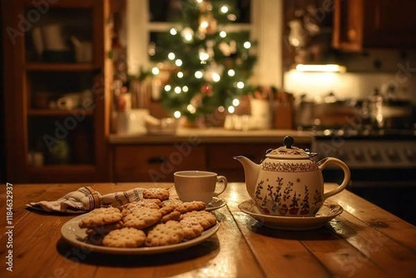 Fototapeta Warm Kitchen With Freshly Baked Cookies and Pot of Tea Creating a Cozy Winter Atmosphere. Generative AI