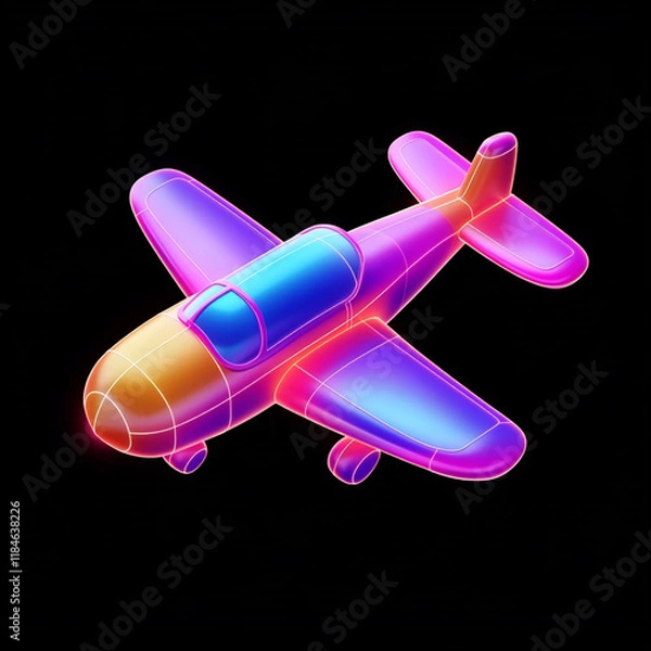 Obraz 3D cute colorful plane icon in a cartoon style, with neon lights. Game icon.