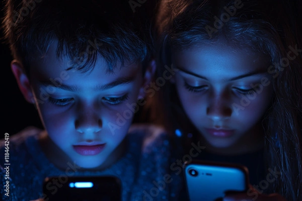 Fototapeta Young kids with smarthphone in the dark, light stream from phone to the face. Internet cyber danger and for kids and teenagers due to social media platforms.