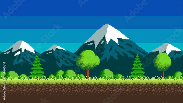 Obraz Pixel art seamless background. With mountains, grass and clouds. A landscape for a game or program. Vector eps 10.