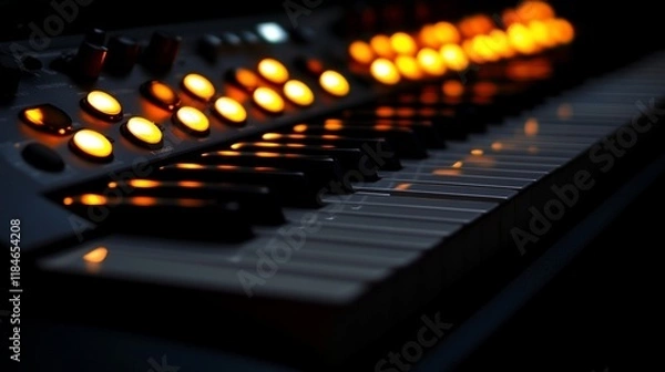 Fototapeta Illuminated keyboard keys glowing orange in dark room.
