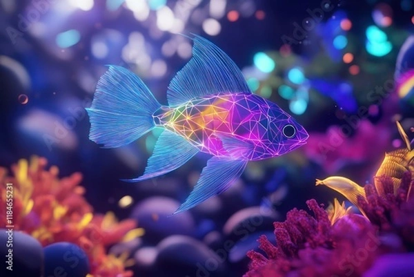 Fototapeta Fish with angular, abstract shapes and glowing, geometric patterns, swimming near vibrant coral gardens.