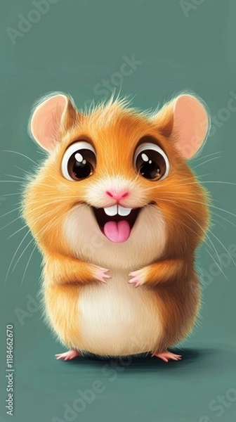 Obraz Adorable Hamster Smiling and Showing Tongue on Green Background