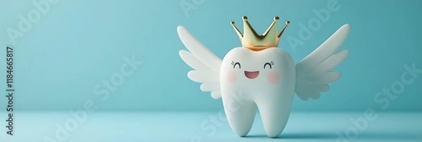 Obraz A cute tooth with face, wings and a crown on its head, against pastel blue background