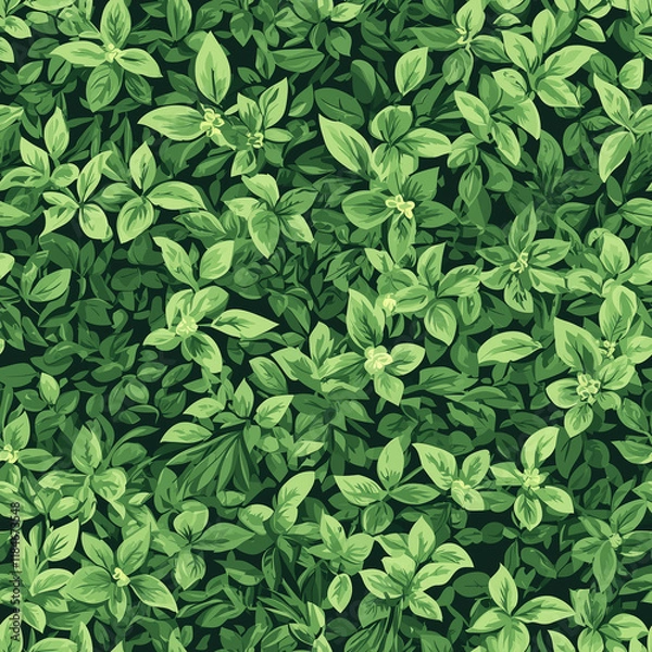 Fototapeta Dense green foliage with various leaf shapes, creating a lush, vibrant texture.