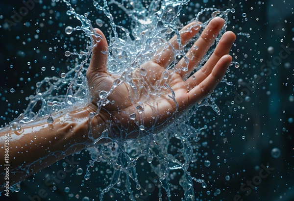 Fototapeta Dynamic Interaction: Hand in a Shower of Water Droplets