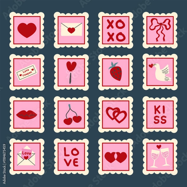 Fototapeta A cute set of hand drawn pink Valentine`s Day sticker. Set of vintage postage stamps. Doodle vector icons pack in retro style. Design concept for 14 February.