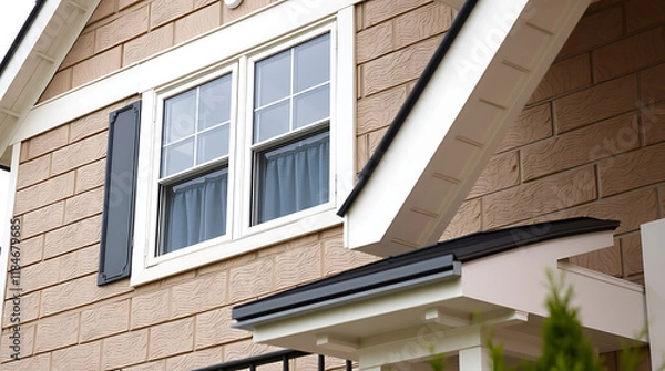 Fototapeta Close-up view of a light beige brick house exterior featuring a double-hung window with white trim and a black shutter.  A section of the roofline and a portion of an overhanging eave are also visible