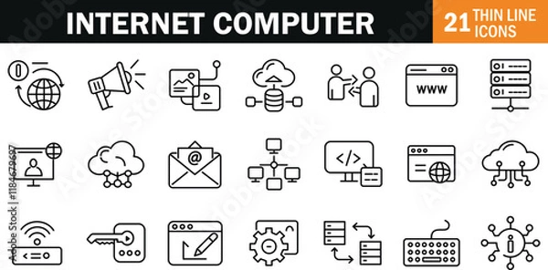 Fototapeta "Comprehensive Internet Computer Icons Representing Online Connectivity, Networking, and Digital Technology"