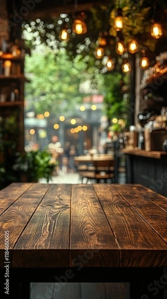 Fototapeta A cozy cafe scene with a wooden table, surrounded by greenery and warm lighting.