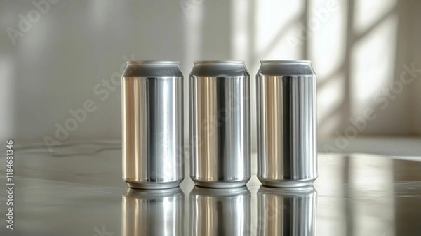 Fototapeta Three empty metallic cans reflect light.