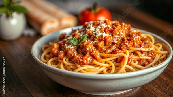 Fototapeta Classic spaghetti bolognese, professionally lit, warm tones emphasizing the texture of the dish