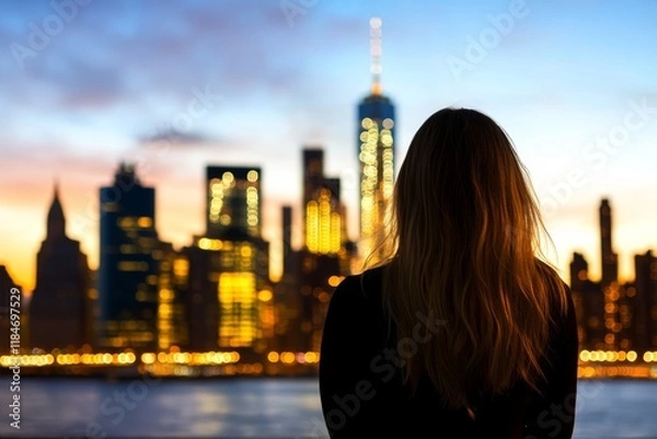 Fototapeta A powerful woman stands in silhouette with city lights reflecting off her form, embodying strength and resilience against a vibrant urban backdrop at dusk