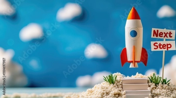 Obraz Small rocket launch near sign that reads next step Cloudy blue background