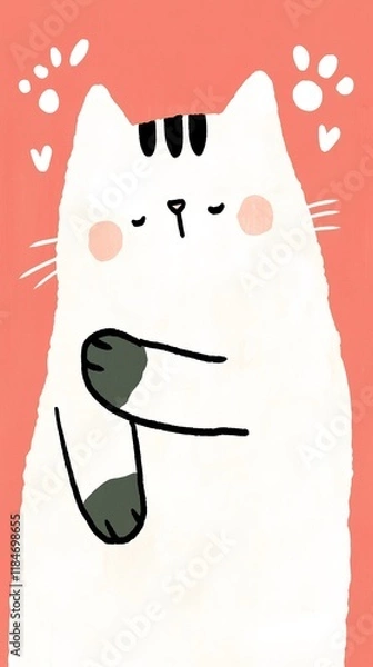 Fototapeta A cute, cartoon-style cat with closed eyes, blushing cheeks, and a soft expression, set against a peachy background with playful hearts.