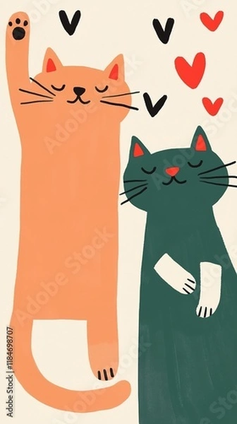 Fototapeta Two playful, cartoon-style cats, one orange and one green, stand together with hearts around them, expressing joy and affection.