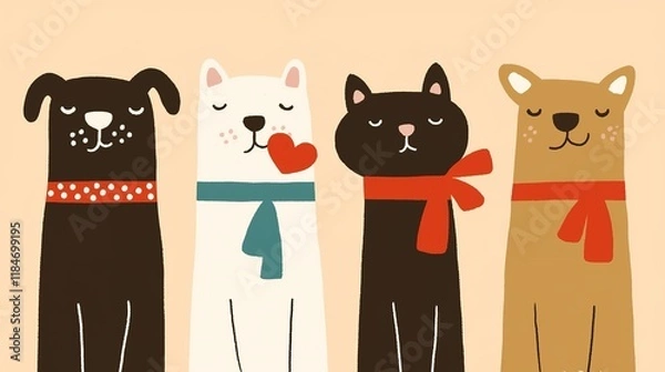 Fototapeta Four adorable, cartoon-style dogs with varying colors and scarves, showcasing playful expressions against a soft background.