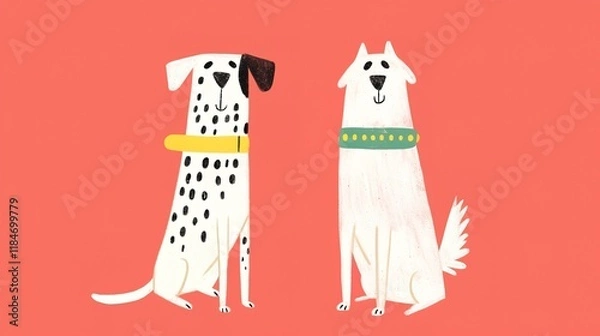 Fototapeta Two cartoon-style dogs, one spotted and one fluffy, sit side by side against a vibrant coral background, exuding a cheerful and playful vibe.