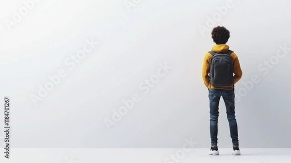 Fototapeta Student standing with backpack looking at white wall
